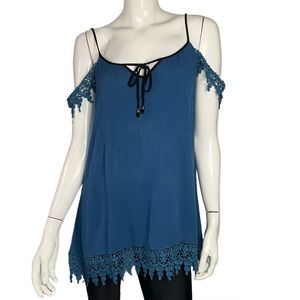 🤑 4/$24 En Creme Embroidered Lace Off Shoulder Spaghetti Strap‎ Blue Tunic